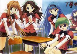  5girls blue_eyes blue_hair bow bowtie brown_eyes brown_hair classroom glasses green_hair hairbow highres hirasawa_hiroko indoors kadoi_aya kakyuusei_2 megami_magazine multiple_girls official_art saimon_tamaki school school_uniform shirai_yuuri skirt takatoo_nanase 