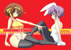  2girls animal_ears multiple_girls nagato_yuki official_alternate_costume panties pantyhose playboy_bunny rabbit_ears shijou_sadafumi suggestive_fluid suzumiya_haruhi suzumiya_haruhi_no_yuuutsu thighhighs underwear 