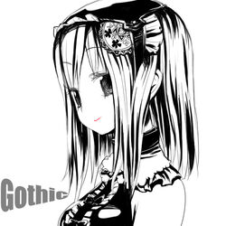  bare_shoulders center_frills collar english_text fantasy_earth fantasy_earth_zero female frills goth_fashion greyscale hair_ornament hairpin looking_at_viewer monochrome short_hair simple_background solo tank_(artist) text_focus upper_body warrior_(fantasy_earth) warrior_(gothic_armor)_(fantasy_earth_zero) white_background 