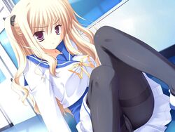  black_pantyhose blonde_hair blush bra-ban! crotch_seam female game_cg hibarigaoka_yuki long_hair mole mole_under_eye muririn panties panties_under_pantyhose pantyhose pantyshot purple_eyes school school_uniform serafuku sitting skirt solo thighband_pantyhose twintails underwear upskirt 