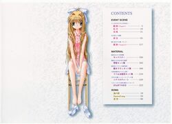  air_(visual_novel) artbook barefoot blonde_hair blue_eyes female highres hinoue_itaru kamio_misuzu long_hair scan shoes solo table_of_contents unworn_shoes 