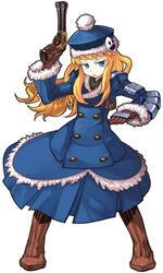  blonde_hair blue_eyes boots coat female fur_trim gloves gun gunner_(sekaiju) gunner_2_(sekaiju) handgun hat holding holding_weapon jack_frost_(megami_tensei) masn_(moxi) multiple_barrel_gun sekaiju_no_meikyuu sekaiju_no_meikyuu_2 solo weapon 