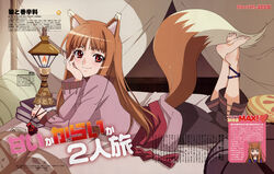  absurdres animal_ears anklet barefoot bed blush book brown_hair feet female head_rest highres holo jewelry lantern long_hair lying official_art on_stomach pillow pouch red_eyes sadakata_kikuko sash scan smile soles solo spice_and_wolf tail wolf_ears wolf_girl wolf_tail 