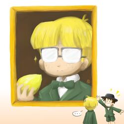  ... 2boys bad_deviantart_id bad_id food fruit hat holding holding_food holding_fruit jeff_andonuts lemon male_focus mother_(game) mother_2 multiple_boys school_uniform spoken_ellipsis swammi tony_(mother_2) 