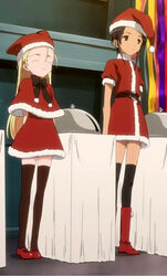  2girls aesha_krishnam anime_screenshot capelet christmas elise_von_dietrich multiple_girls santa_costume sky_girls stitched thighhighs third-party_edit zettai_ryouiki 