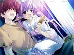  1boy :d corn faceless faceless_male female game_cg happy japanese_clothes kimono nagihara_yuuki onigirikun open_mouth pastel_chime pastel_chime_continue phil_ehart pointy_ears purple_hair red_eyes sitting sitting_on_lap sitting_on_person smile very_long_ears 