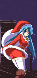  blue_hair christmas female highres long_hair original painttool_sai_(medium) santa_costume shijou_sadafumi solo thighhighs zettai_ryouiki 