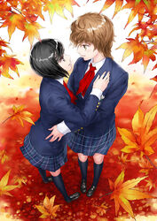  2girls autumn autumn_leaves blazer garex jacket multiple_girls original photoshop_(medium) school_uniform 