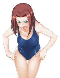  a1_(initial-g) angry aqua_eyes ashford_academy_swimsuit blue_one-piece_swimsuit blush breasts brown_hair code_geass female female_pubic_hair green_eyes highres kouzuki_kallen large_breasts long_hair one-piece_swimsuit photoshop_(medium) print_swimsuit pubic_hair red_hair school_swimsuit short_hair simple_background single_vertical_stripe solo sweat swimsuit thigh_gap white_background 