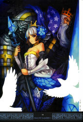  1boy absurdres age_difference armor armored_dress bare_shoulders beard bird blunt_bangs breasts cape choker cleavage closed_eyes crossed_legs crown crystal detached_sleeves dress facial_hair fantasy father_and_daughter feathers female flat_chest flying frills frown gwendolyn_(odin_sphere) hair_bun hair_ornament hairband highres holding long_hair looking_at_viewer medium_breasts non-web_source odin_(odin_sphere) odin_sphere official_art parted_bangs photoshop_(medium) pillar polearm purple_eyes scan shirai_yasuo short_dress short_hair sideboob silhouette single_hair_bun sitting spear standing star_(symbol) strapless strapless_dress thighhighs tiara translated valkyrie weapon white_hair wings zettai_ryouiki 