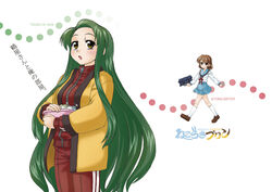  2girls :o bag blue_skirt bowl brown_eyes brown_footwear brown_hair character_name closed_mouth coat cowboy_shot full_body green_hair hair_ornament hairclip hard-translated holding holding_bag holding_bowl jacket kita_high_school_uniform kneehighs kyon&#039;s_sister loafers long_hair long_sleeves looking_at_viewer multiple_girls open_clothes open_coat open_mouth pants partially_translated raamen red_pants red_ribbon ribbon school_uniform serafuku shoes short_hair simple_background skirt smile soap_bottle socks standing straight_hair suzumiya_haruhi_no_yuuutsu tareme third-party_edit track_jacket track_pants translation_request tsuruya very_long_hair walking white_background white_socks winter_uniform yellow_coat yellow_eyes zipper 