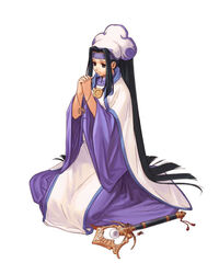  atelier_(series) atelier_iris atelier_iris_eternal_mana black_eyes black_hair female futaba_jun hat headband iris_blanchimont jewelry long_hair looking_away magic necklace official_art own_hands_clasped own_hands_together pendant ponytail praying robe scepter seiza sidelocks simple_background sitting smile solo very_long_hair white_background wide_sleeves 