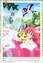  2008 6+girls absurdres bird bouquet calendar_(medium) cosplay fairy field flower flower_field giving highres hiiragi_kagami hiiragi_tsukasa holding holding_bouquet ikeda_shouko iwasaki_minami izumi_konata july june kobayakawa_yutaka lucky_star mini_person minigirl multiple_girls official_art on_flower photoshop_(medium) pink_flower pink_tulip tamura_hiyori thumbelina thumbelina_(character) thumbelina_(character)_(cosplay) tulip white_flower white_tulip yellow_flower yellow_tulip 