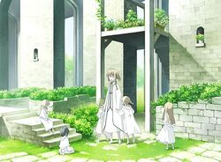  6+girls black_hair blonde_hair dress fantasy grass lolicon multiple_girls original scenery stairs stone_wall wall white_dress yohsuke_(kanoto_yousuke) 