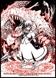  blood bow demon dragon energy_wings female fingerless_gloves gloves horror_(theme) lyrical_nanoha magic_circle magical_girl mahou_shoujo_lyrical_nanoha monochrome onsokuzekuu photoshop_(medium) raising_heart raising_heart_(exelion_mode) red_theme shoes sinister skull solo takamachi_nanoha takamachi_nanoha_(sacred_mode) translated twintails white_devil winged_footwear wings yandere 