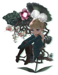  bird blonde_hair blue_eyes bottle copyright_request dandelion_clock elbow_gloves female flower gloves lotus_leaf lotus_pod negy pink_flower plant_roots red_flower solo tree white_flower 