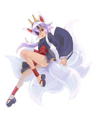  animal_ears eyepatch female fox_ears fox_tail horns japanese_clothes kuon_(shinrabanshou) long_hair multiple_tails purple_hair red_eyes shinrabanshou simple_background solo tail weno 