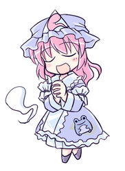  blush chibi closed_eyes female hat hitodama lim-r long_sleeves lowres open_mouth own_hands_together pink_hair saigyouji_yuyuko solo touhou 