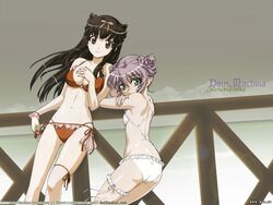  2girls :d against_railing al_azif alternate_hairstyle arm_grab ass back bad_link bikini blush bow breasts bridal_garter brown_hair cleavage cloud copyright_name crossed_arms dated demonbane double_bun eyelashes flat_chest floating_hair frilled_bikini frills green_eyes hadou_ruri hair_between_eyes hair_bun hair_up hairbow hand_on_own_chest head_tilt kneepits leaning_forward leg_ribbon legs linked_bikini long_hair looking_at_viewer looking_back marufuji_hirotaka medium_breasts multiple_girls navel o-ring o-ring_top ocean official_art official_wallpaper open_mouth outdoors profile purple_hair railing red_eyes ribbon short_hair side-tie_bikini_bottom sideboob sidelocks sky small_breasts smile standing swimsuit thigh_ribbon third-party_edit third-party_watermark water watermark white_bikini wristband 