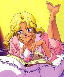  artist_request barefoot bed blonde_hair blue_eyes book dress electra_(nadia) female fushigi_no_umi_no_nadia glasses solo 