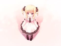  blonde_hair bow bra-ban! dress drill_hair female from_above game_cg hairbow hibarigaoka_yuki lolicon mary_janes mole mole_under_eye muririn necktie pantyhose pigeon-toed red_eyes ribbon shoes sidelocks solo tears twin_drills twintails 