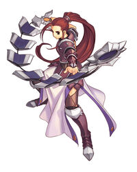  angry armor armored_dress atelier_(series) atelier_iris atelier_iris_eternal_mana boots brown_eyes dress female fighting_stance foreshortening frown full_body futaba_jun knee_boots legs_apart long_hair looking_at_viewer marietta_lixiss official_art outstretched_arms ponytail red_hair scrunchie sidelocks simple_background solo standing sword thigh_boots thighhighs very_long_hair weapon whip_sword white_background zettai_ryouiki 