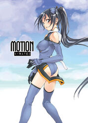  ass bare_shoulders black_eyes black_hair black_ribbon blue_gloves blue_leotard blue_thighhighs blush breasts cloud cover cover_page covered_nipples day doujin_cover elbow_gloves english_text female floating_hair from_side gloves hair_ribbon halterneck headgear high_ponytail ichijou_eika kneepits large_breasts leotard long_hair looking_at_viewer looking_back lowres motion_slit outdoors parted_lips photoshop_(medium) pilot_suit ponytail ribbon satou_atsuki sky sky_girls solo thighhighs turtleneck very_long_hair 