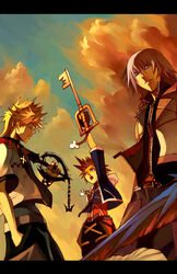  3boys blonde_hair blue_eyes closed_eyes cloud key keyblade kingdom_hearts kingdom_hearts_ii kingdom_key letterboxed lowres male_focus multiple_boys oblivion_(keyblade) riku_(kingdom_hearts) robert_kim roxas sky sora_(kingdom_hearts) way_to_the_dawn weapon zipper 