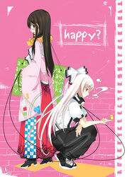  2girls :d alternate_costume ascot back-to-back bad_id bag balancing balancing_on_finger black_footwear black_hair black_pants blush casual checkered cigarette collared_shirt contemporary cross-laced_footwear english_text frilled_shirt_collar frills fujiwara_no_mokou full_body hair_ribbon hamayumiba_sou happy high_heels holding holding_leash houraisan_kaguya leash lighter long_hair long_sleeves looking_back mouth_hold multiple_girls open_mouth painttool_sai_(medium) pants pink_background profile puffy_short_sleeves puffy_sleeves red_skirt ribbon scarf shirt short_sleeves sidelocks sideways_glance skirt smile smoke smoking squatting standing suspenders touhou very_long_hair white_background white_shirt wide_sleeves yellow_scarf 