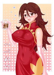  alcohol breasts china_dress chinese_clothes cleavage dress elbow_gloves female gloves gundam gundam_00 huge_breasts impossible_clothes impossible_dress solo sumeragi_lee_noriega tonbidou 