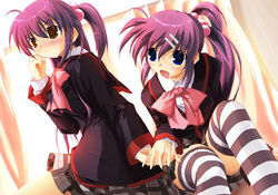  2girls bow futaki_kanata half_updo little_busters! multiple_girls pink_bow saigusa_haruka shippo_danshaku siblings sisters striped_clothes striped_thighhighs thighhighs twins 