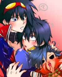 3boys aged_up blood blue_hair blush dual_persona fudanshi goggles goggles_on_head kamina_(ttgl) male_focus multiple_boys nosebleed pink_background selfcest simon_(ttgl) tengen_toppa_gurren_lagann vinexsu yaoi 