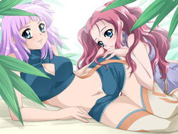  2girls amuria head_on_ass hip_focus multiple_girls neviril_(simoun) saipaco shorts simoun thigh_gap yuri 