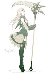  black_thighhighs boots elf fantasy_earth fantasy_earth_zero female fingerless_gloves gloves kyo_(kuroichigo) long_hair monochrome pointy_ears polearm profile scythe solo thigh_boots thighhighs warrior_(azalea_armor)_(fantasy_earth_zero) warrior_(fantasy_earth) weapon 