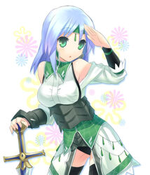  armor bare_shoulders blue_hair fantasy_earth fantasy_earth_zero female green_eyes hamamo headband photoshop_(medium) simple_background solo standing sword thighhighs warrior_(azalea_armor)_(fantasy_earth_zero) warrior_(fantasy_earth) weapon 