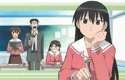  1boy 3girls arm_at_side artist_request azumanga_daioh&#039;s_school_uniform azumanga_daiou black_eyes black_hair black_necktie book bookmark bored brown_eyes brown_hair bulletin_board ceiling chair chalkboard classroom closed_mouth collared_shirt cowboy_shot desk glasses grey_jacket grey_pants grey_suit head_rest highres holding holding_book holding_pen indoors jacket kagura_(azumanga_daioh) kimura lapels locker long_hair long_sleeves looking_at_viewer loose_necktie mizuhara_koyomi multiple_girls necktie notched_lapels official_art opaque_glasses open_book open_clothes open_collar open_jacket open_mouth pants paper pen pencil_case pink_shirt pleated_skirt pocket red_skirt round_eyewear sailor_collar sakaki_(azumanga_daioh) school_desk school_uniform serafuku shirt single_stripe skirt sleeve_cuffs standing striped suit suit_jacket teacher themed_object two-handed upper_body white_sailor_collar white_shirt window winter_uniform 