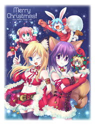  1boy 4girls animal_ears bunny_(trickster) cat_(trickster) cat_ears christmas fox_(trickster) labo_(nobody_knows) lion_(trickster) multiple_girls rabbit_ears santa_costume sheep_(trickster) thighhighs trickster_(ntreev_soft) 