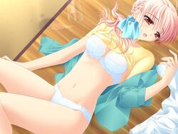  bra clothes_lift female game_cg lingerie matsushita_makako nanao_hinako panties pink_hair rakko_(makarakko) red_eyes shirt_lift solo spill underbar_summer underwear 