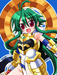  :d ahoge armor blush chirorian female gloves green_hair long_hair open_mouth photoshop_(medium) red_eyes shinrabanshou shizuku_(shinrabanshou) smile solo 