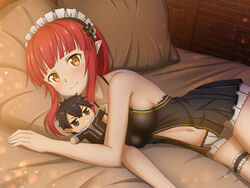  absurdres bare_arms bare_shoulders bed_sheet blunt_bangs blush breasts brick_wall brown_eyes closed_mouth elf eyebrows_hidden_by_hair female halterneck highres indoors kirito kirito_(sao-alo) long_hair lying maid_headdress medium_breasts micro_shorts midriff mysteryctu navel on_bed on_side pillow pointy_ears rain_(sao) red_hair shorts sideboob smile solo stomach sword_art_online sword_art_online:_lost_song thigh_strap white_shorts 