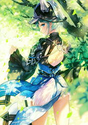  aqua_hair arm_guards axe back_cutout belle_(mabinogi_heroes) closed_mouth clothing_cutout cowboy_shot dappled_sunlight day dress fake_horns female fox_tail from_behind green_theme helmet highres horned_helmet horns looking_at_viewer looking_back mabinogi mabinogi_heroes nature petals photoshop_(medium) profile short_dress short_hair sibyl smile solo sunlight swept_bangs tail tassel turtleneck wide_sleeves wind 