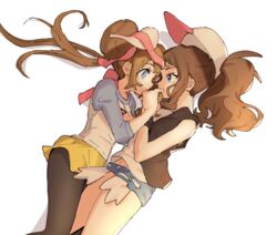  2girls ankea_(a-ramo-do) back_bow bare_shoulders baseball_cap black_pantyhose black_vest blue_eyes blue_shorts bow brown_hair closed_mouth commentary_request double_bun eye_contact from_above hair_bun hair_ribbon hand_up happy hat hilda_(pokemon) long_hair long_sleeves looking_at_another lying micro_shorts midriff_peek multiple_girls navel on_side pantyhose pink_bow pink_headwear pink_ribbon pokemon pokemon_bw pokemon_bw2 ponytail profile raglan_sleeves ribbon rosa_(pokemon) shirt shorts simple_background sleeveless sleeveless_shirt smile twintails vest visor_cap white_background white_shirt yellow_shorts yuri 