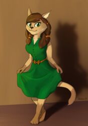  2021 anthro bow_(feature) brown_hair clothing domestic_cat felid feline felis female grace_(hungrydoor) hair hi_res mammal plantigrade solo soovka 