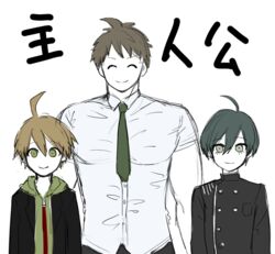  3boys ahoge bad_id bad_pixiv_id black_hair brown_hair commentary_request danganronpa:_trigger_happy_havoc danganronpa_(series) danganronpa_2:_goodbye_despair danganronpa_v3:_killing_harmony eyelashes green_eyes height_difference hinata_hajime hood hoodie looking_at_viewer male_focus multiple_boys muscular naegi_makoto necktie pale_skin saihara_shuichi shirt short_hair short_sleeves trait_connection translated upper_body white_shirt xino yellow_eyes zipper_pull_tab 