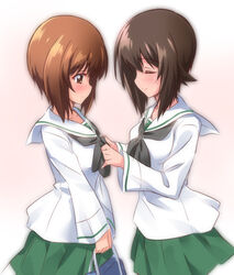  2girls adjusting_bow bag blush bow breasts brown_eyes brown_hair closed_eyes commentary_request facing_another girls_und_panzer green_skirt highres holding holding_bag kuzuryuu_kennosuke medium_breasts multiple_girls nishizumi_maho nishizumi_miho ooarai_school_uniform photoshop_(medium) profile school_uniform short_hair siblings simple_background sisters skirt smile 