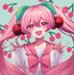  :d absurdres alternate_color bad_id bad_pixiv_id blush bow cherry_background cherry_hair_ornament commentary double_w female food-themed_hair_ornament hair_ornament hatsune_miku highres kenouo long_hair long_sleeves looking_at_viewer nail_polish open_mouth pink_bow pink_hair pink_sailor_collar red_nails sailor_collar sakura_miku shirt smile solo twintails upper_body very_long_hair vocaloid w 