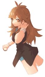  ankea_(a-ramo-do) arm_up black_dress blue_shorts breasts brown_eyes brown_hair closed_mouth commentary_request cropped_legs dress female from_behind green_(pokemon) happy highres holding holding_poke_ball long_hair looking_at_viewer looking_back medium_breasts poke_ball poke_ball_(basic) pokemon pokemon_lgpe short_dress short_shorts shorts simple_background smile solo standing white_background wristband 