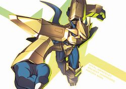  armor character_name charging_forward clenched_hands commentary_request degarashi_(ponkotsu) digimon digimon_(creature) english_text helmet horns looking_at_viewer magnamon no_humans red_eyes science_fiction solo 