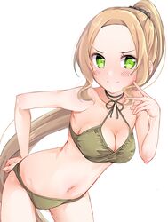  alternate_hairstyle bikini blonde_hair blush breasts choker cleavage closed_mouth collarbone commentary_request criss-cross_halter female green_bikini green_eyes hair_ornament hair_scrunchie halterneck high_ponytail highres inubouzaki_fuu kawai_ritsu_(rits_meg) large_breasts leaning_forward long_hair looking_at_viewer navel scrunchie simple_background smile solo swimsuit v-shaped_eyebrows very_long_hair white_background yuuki_yuuna_wa_yuusha_de_aru yuusha_de_aru 