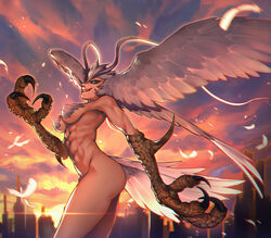  abs angel_wings antennae ass bird_tail breasts city cityscape claws cloud cloudy_sky covered_nipples demon_girl devilman diffraction_spikes feather_hair feathered_wings feathers female grey_hair harpy head_wings highres large_head_wings monster_girl muscular muscular_female nude obliques outdoors siren_(devilman) sky smile solo tail talons tarantulaines wings 